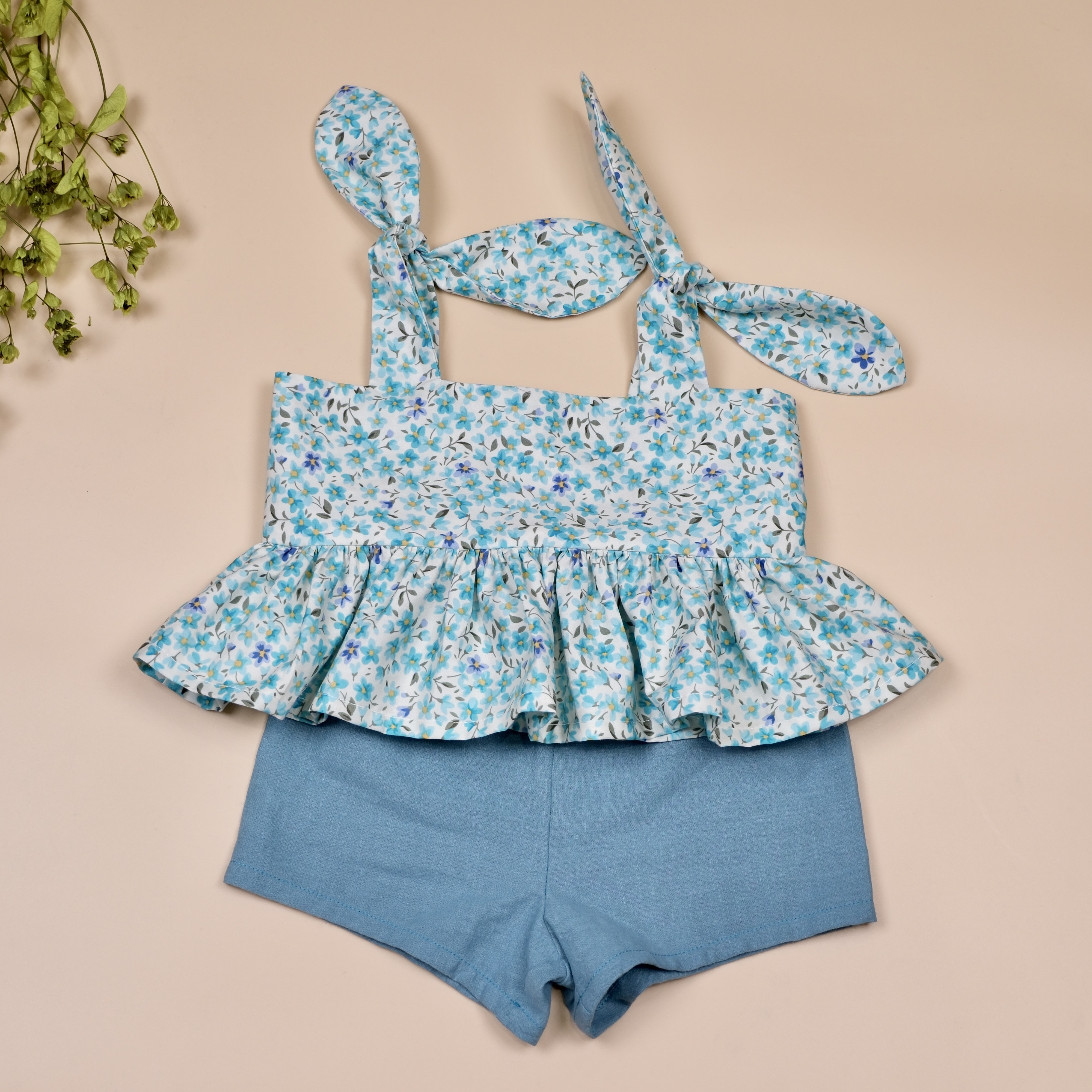 映夏系列 ꕤ 綠野薄荷 ꕤ 手作女童綁帶上衣＋短褲套裝