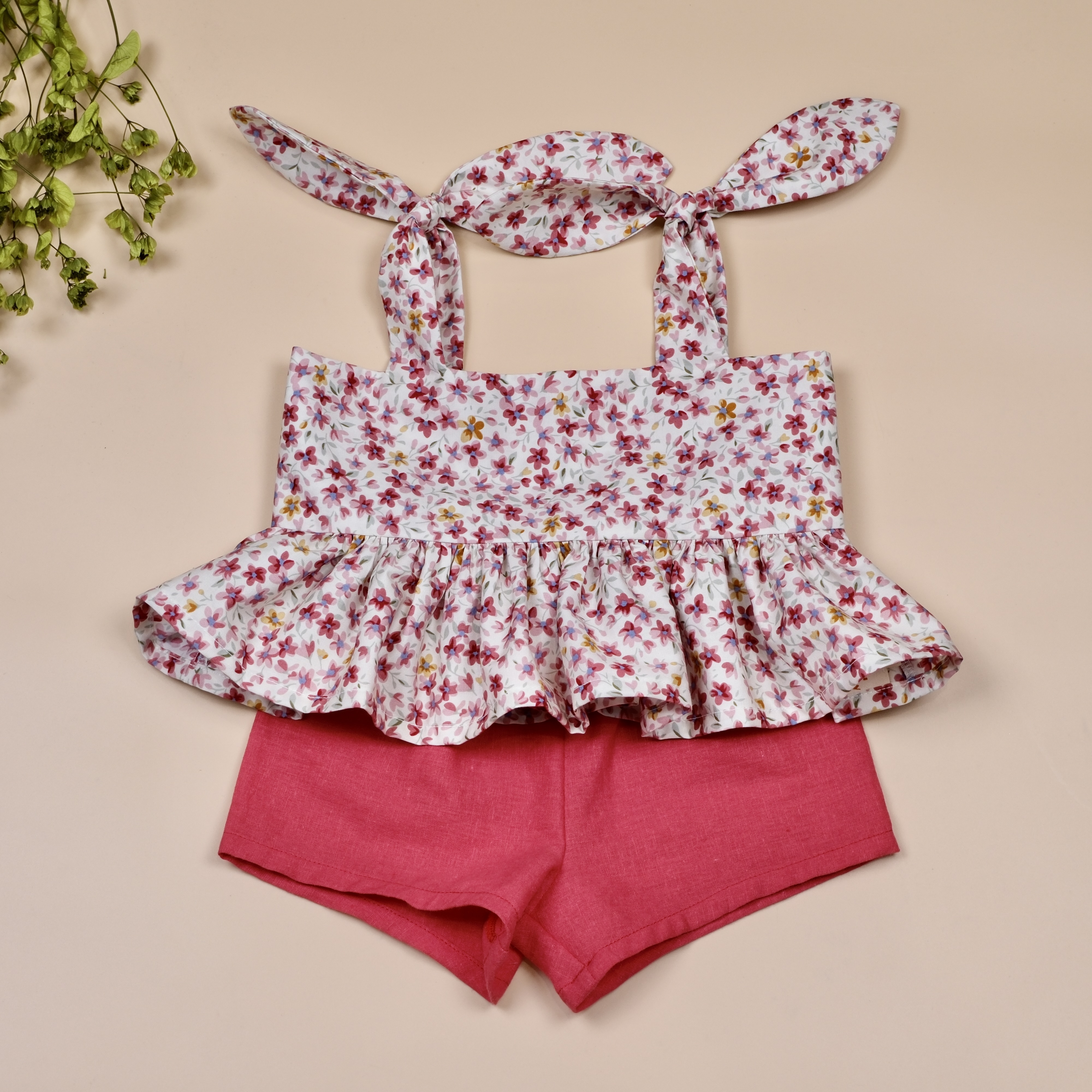 映夏系列 ꕤ 紅花莓果 ꕤ 手作女童綁帶上衣＋短褲套裝