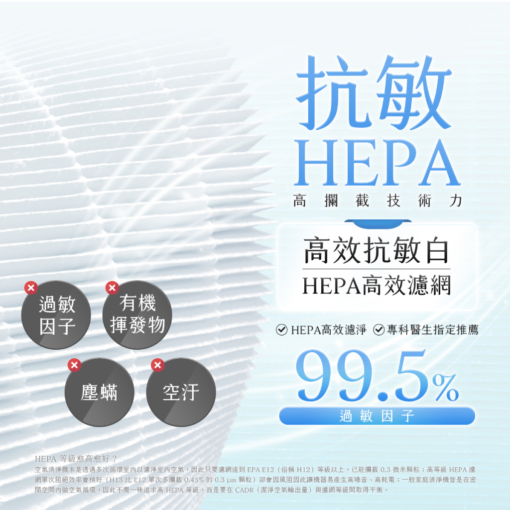 綠綠好日採用HEPA高效級濾網，有效過濾空氣、幫助抗過敏