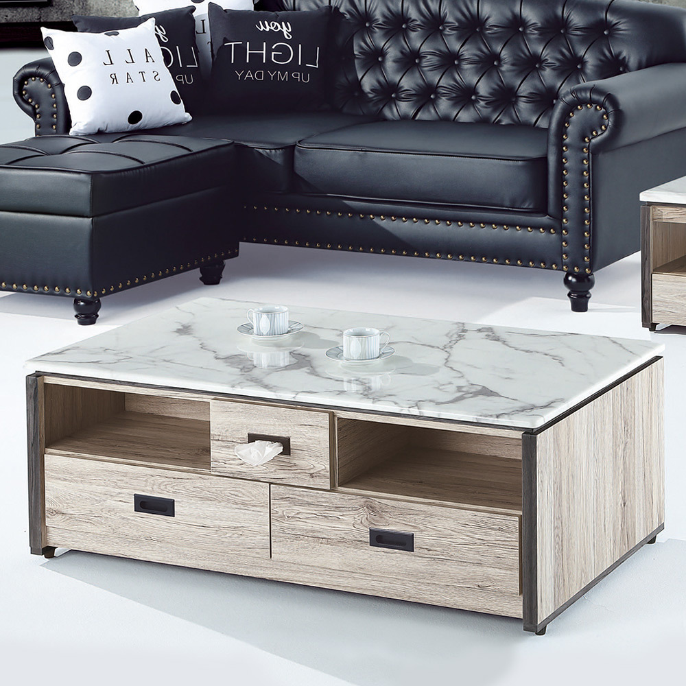 艾菲娜4.3尺四格石面大茶几(附收納椅凳2入)