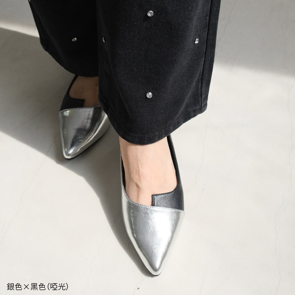 異色拼接尖頭平底高跟鞋【FX2013】