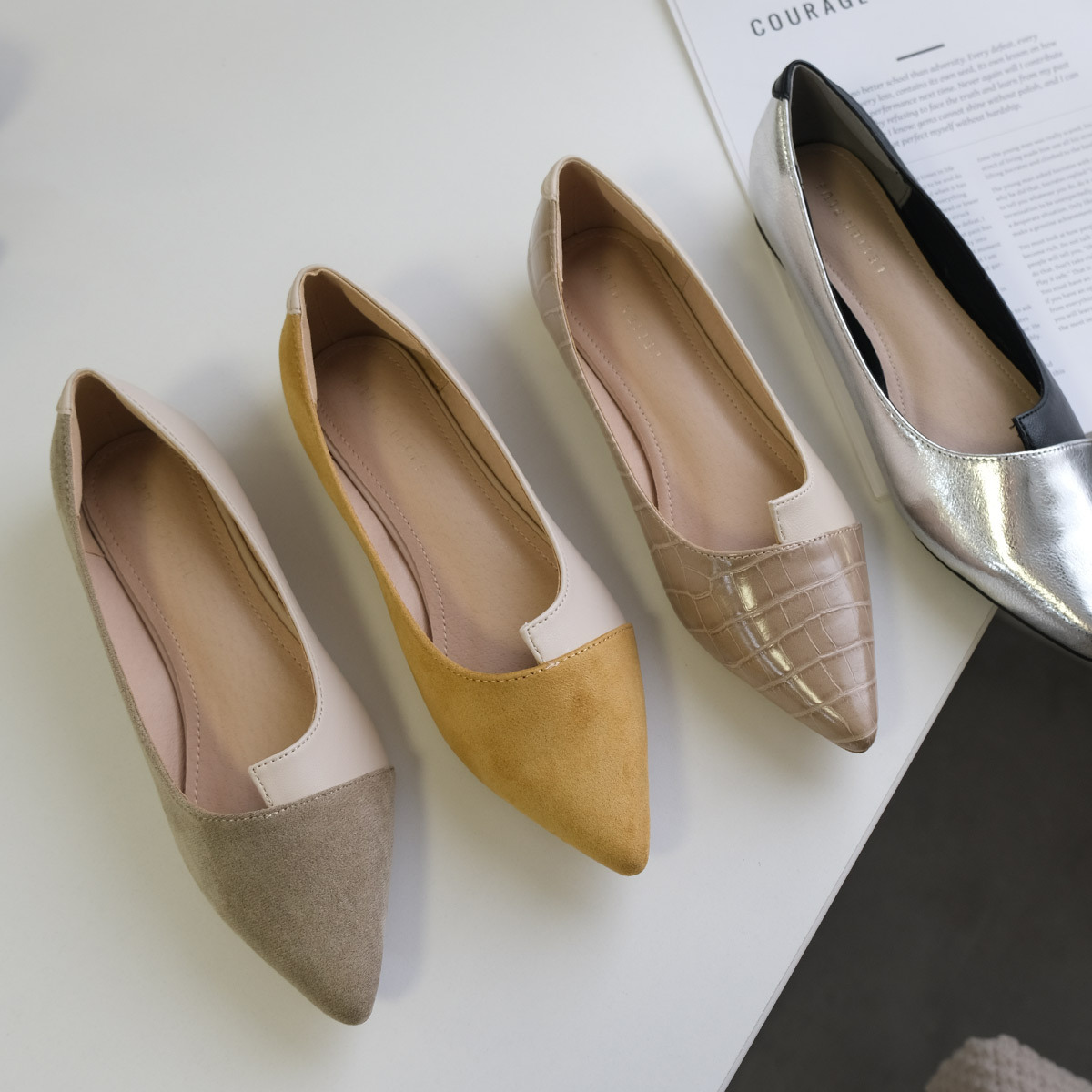 異色拼接尖頭平底高跟鞋【FX2013】