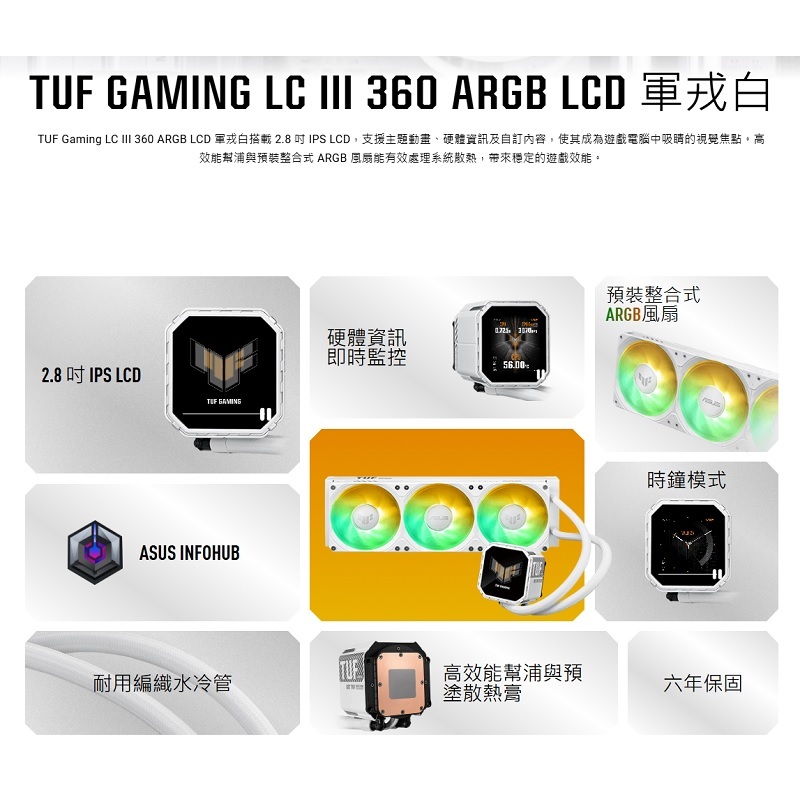 ASUS 華碩 TUF Gaming LC III 360 ARGB LCD 軍戎白一體式水冷/90RC01A2-B0TAY0