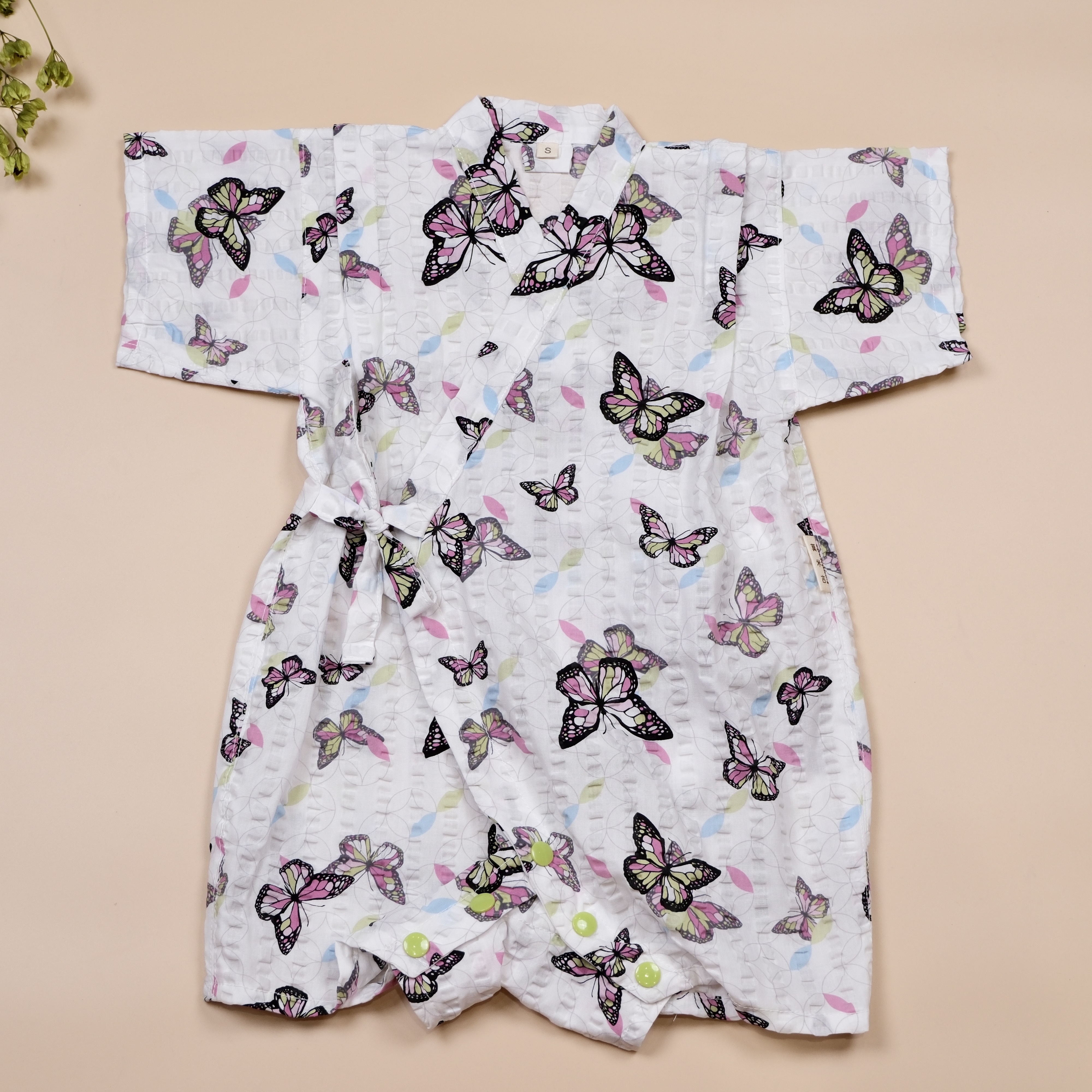 手作嬰幼童連身甚平 ❀ 白底綠粉蝴蝶