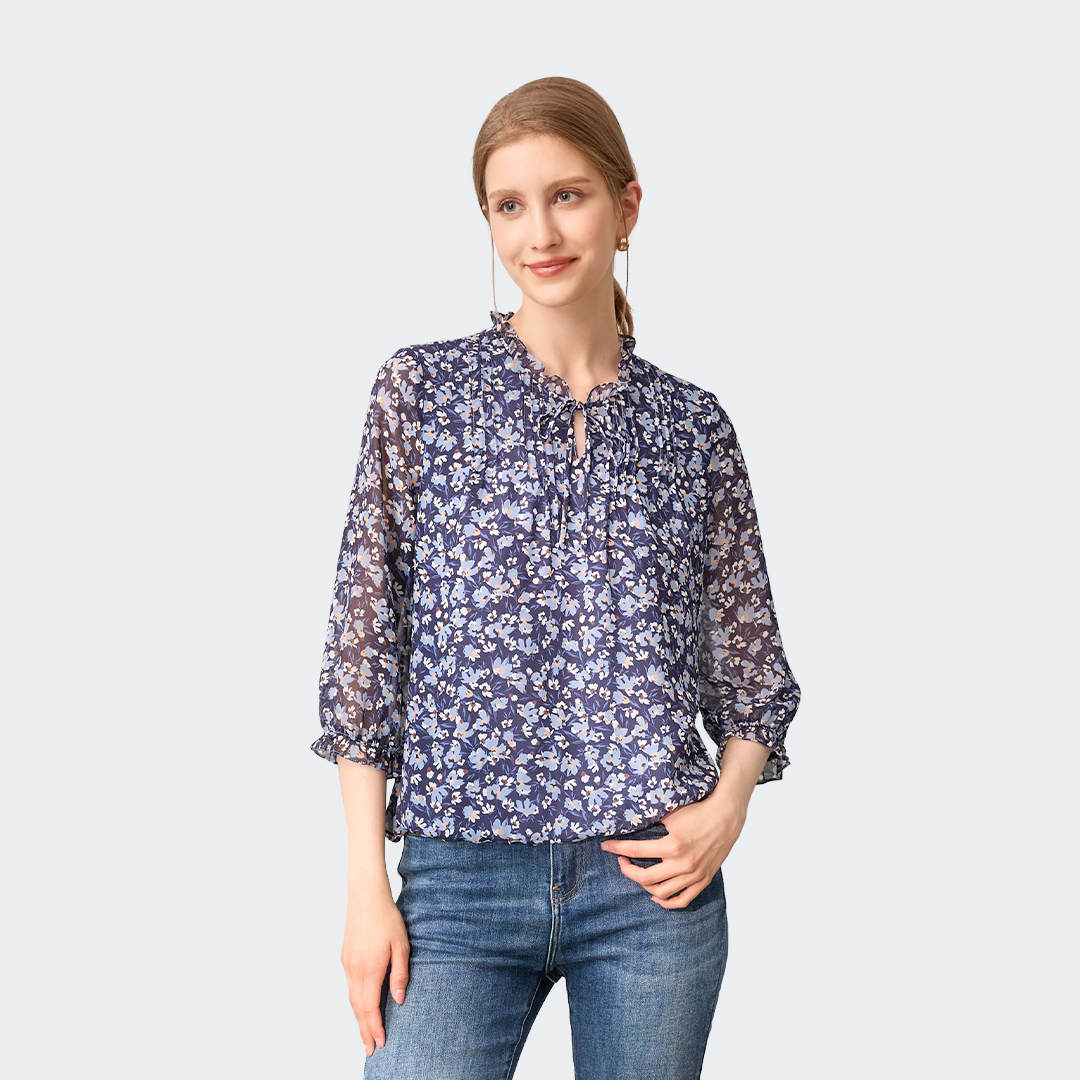 藍韻花影雪紡上衣