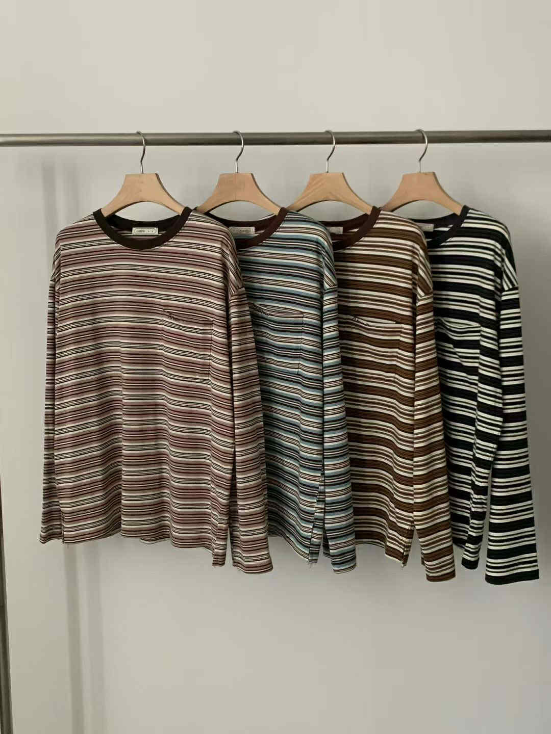 NY27 刺繡口袋拼色條紋長袖T