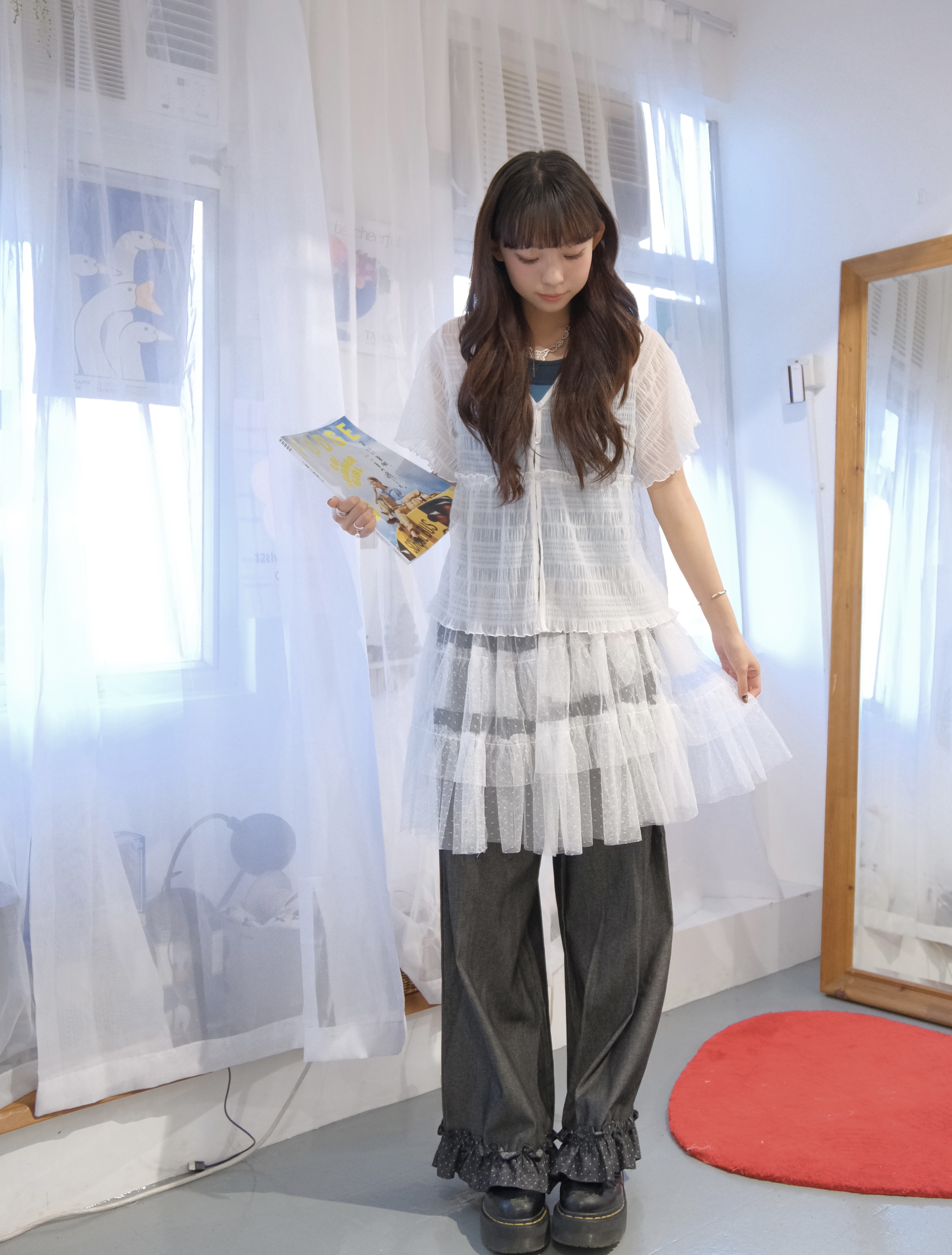 波點ruffle小摺薄直身褲