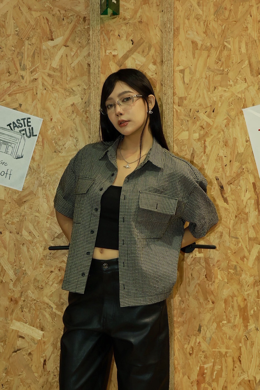 雙口袋 格子 短版 #襯衫