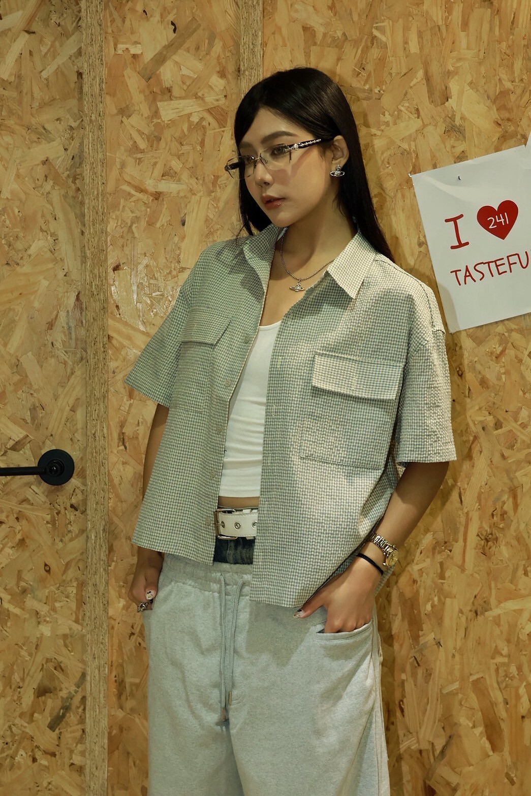 雙口袋 格子 短版 #襯衫