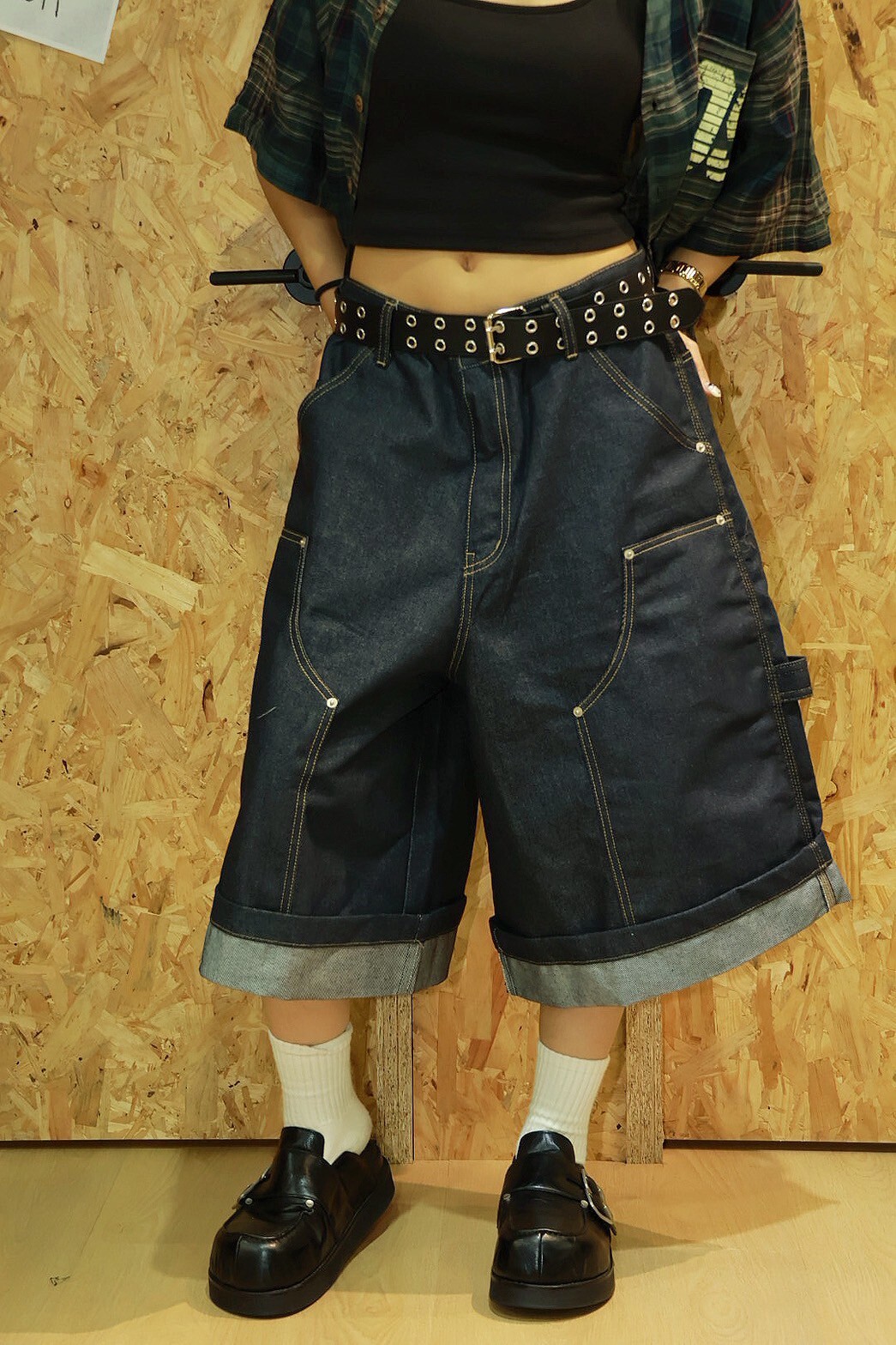 下擺反折 梯形 黃線 牛仔 #七分褲