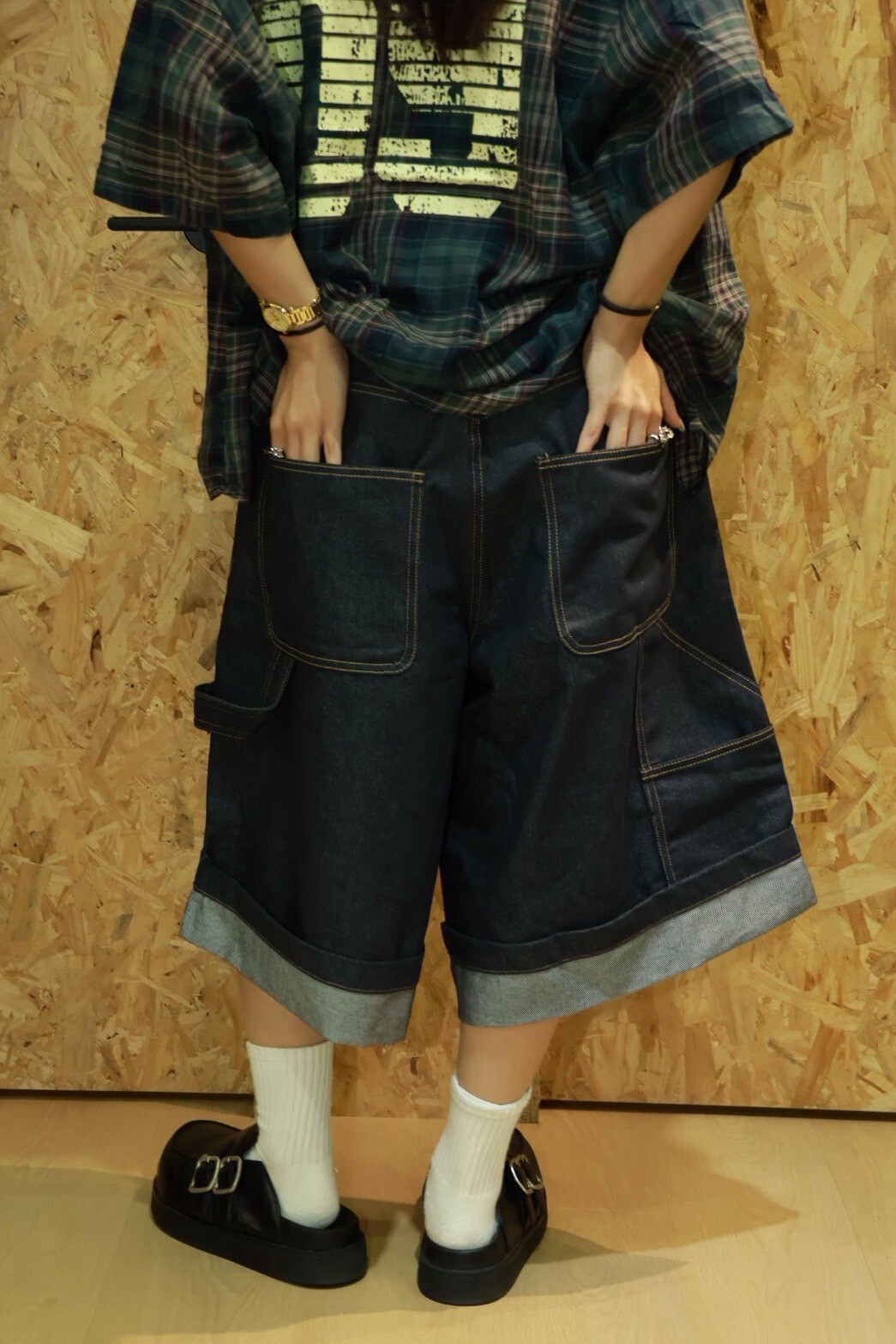 下擺反折 梯形 黃線 牛仔 #七分褲