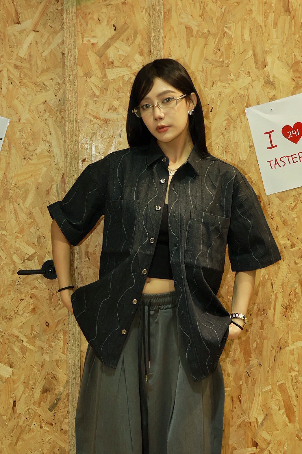 雙口袋 弧線 排扣 短袖 #襯衫