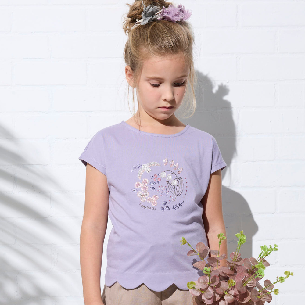 PIPPY 甜美田園繡花花彈性棉圓領上衣 紫