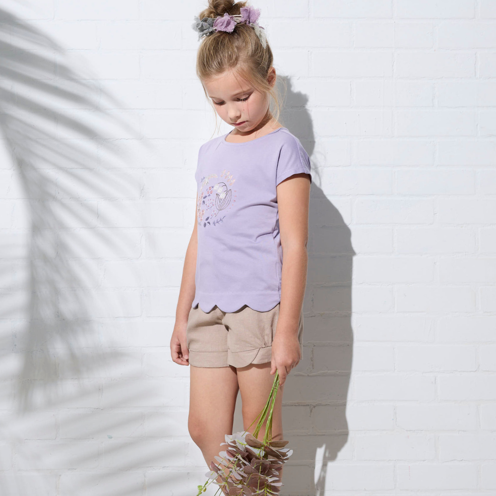 PIPPY俏麗繡花棉麻花苞短褲 卡其