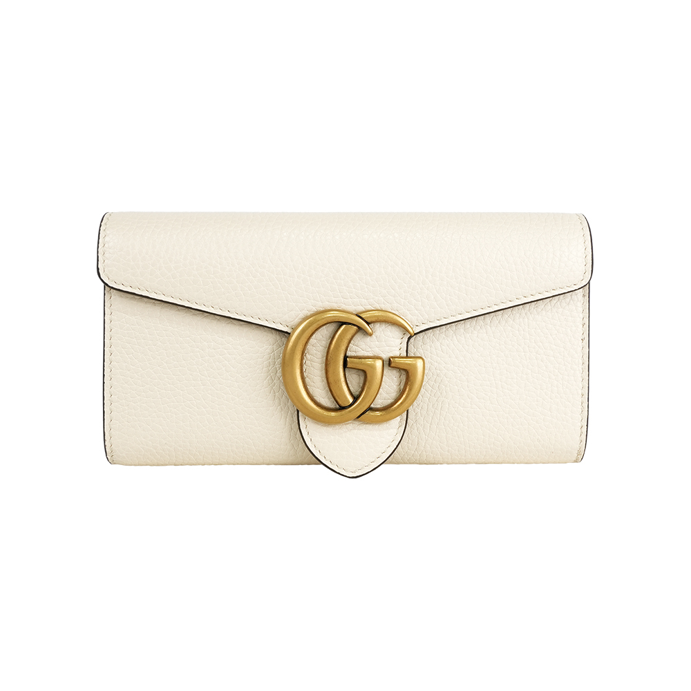 【GUCCI】Marmont 金色標誌粒紋皮革釦式二折長夾(象牙白)
