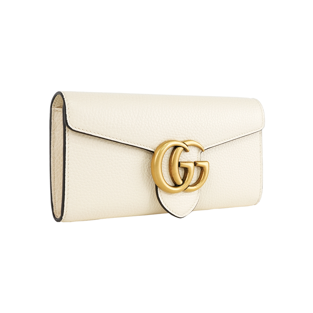 【GUCCI】Marmont 金色標誌粒紋皮革釦式二折長夾(象牙白)