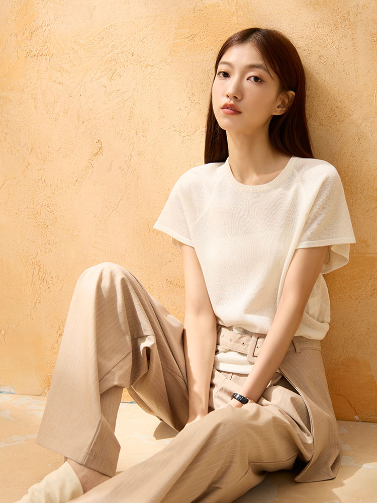 設計感後背不規則綁帶短袖針織上衣