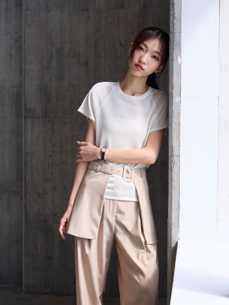 設計感後背不規則綁帶短袖針織上衣