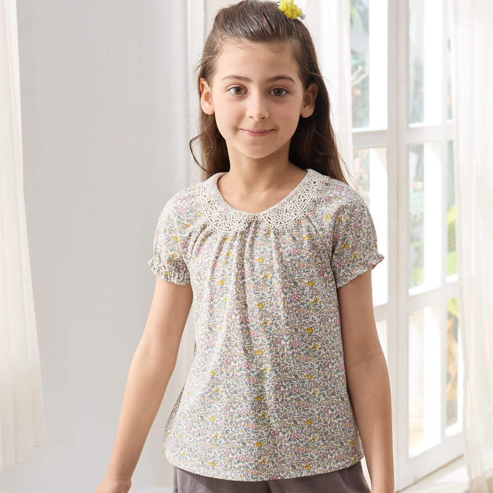 PIPPY 甜美小碎花蕾絲領上衣 粉紫