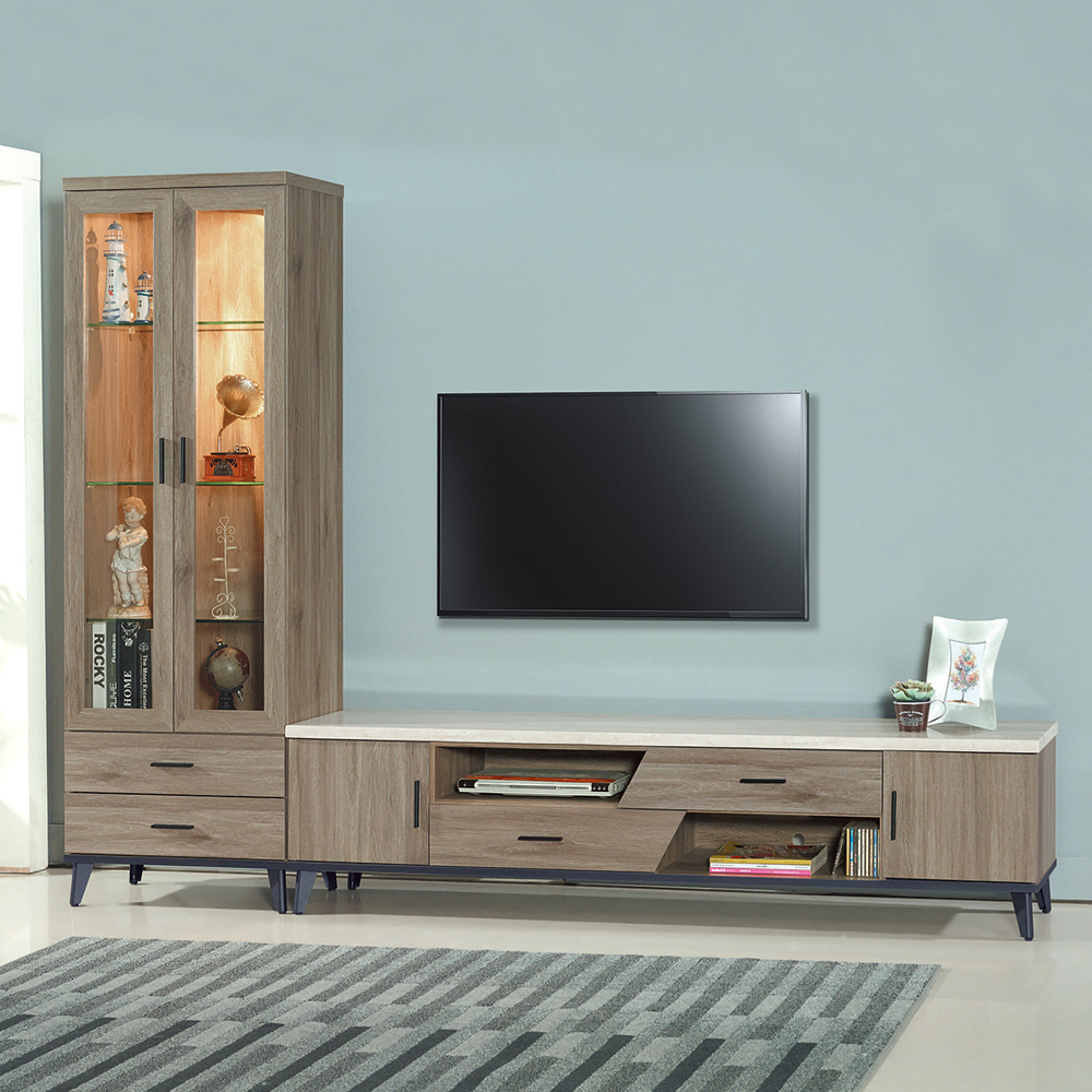 艾克森9.1尺L型仿石面電視櫃組合(展示櫃+長櫃)