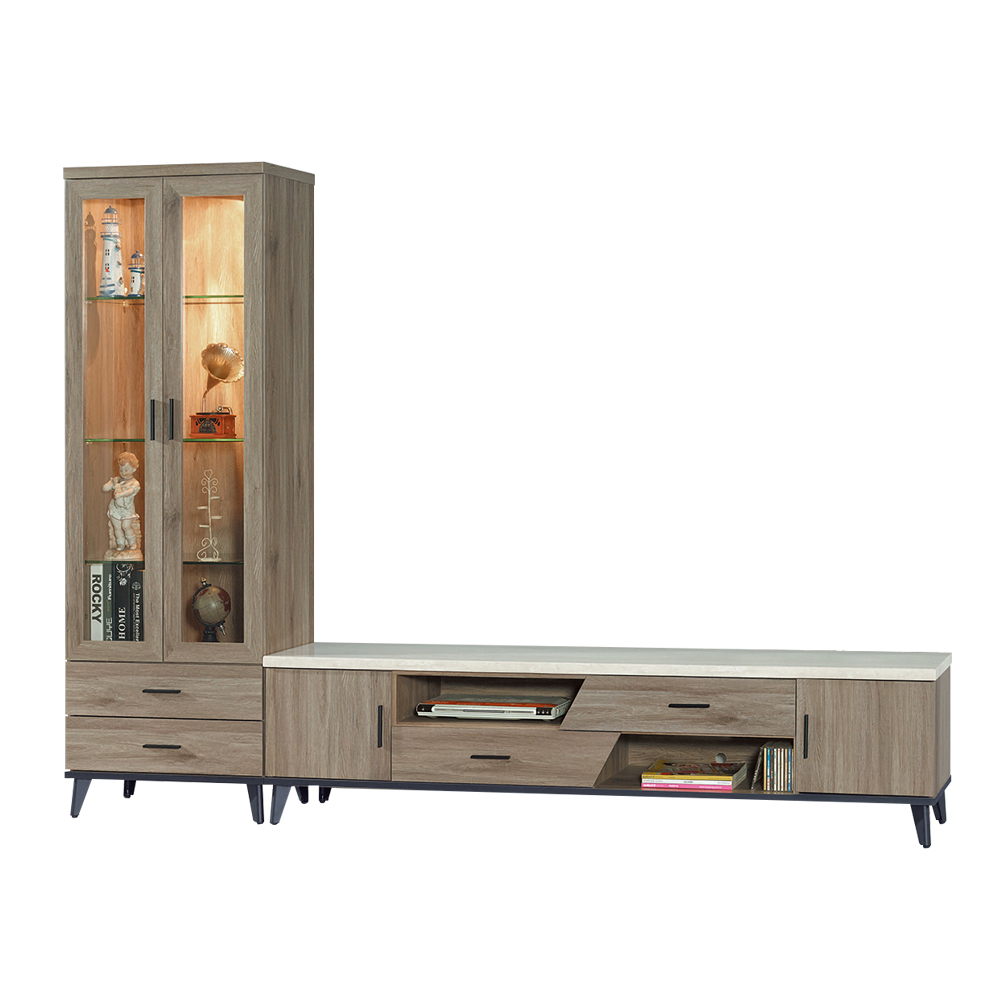 艾克森9.1尺L型仿石面電視櫃組合(展示櫃+長櫃)