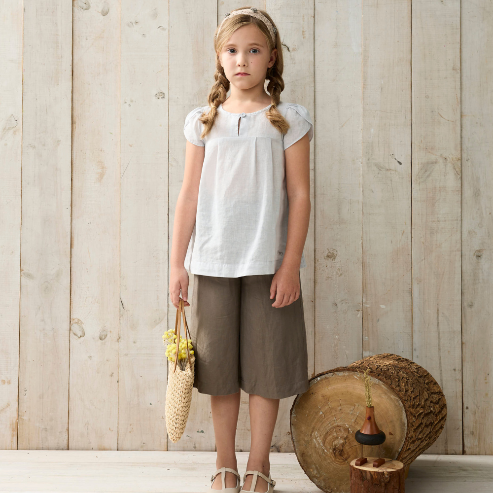 PIPPY 舒適鬆緊棉麻寬口7分褲 棕