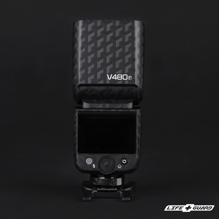 LIFE+GUARD 閃光燈貼膜安裝示意，適用 Godox V480