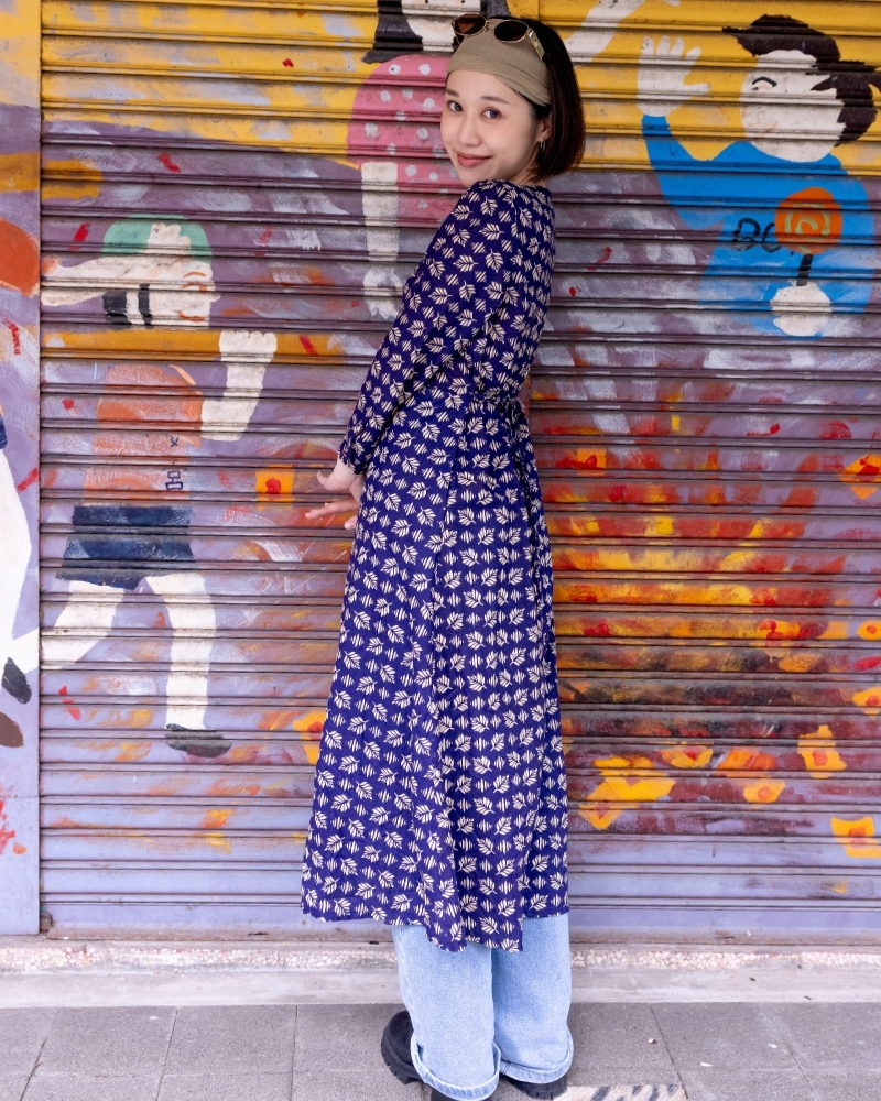 印度蓋染工藝純棉 七分袖洋裝 - 羽毛蕨紫