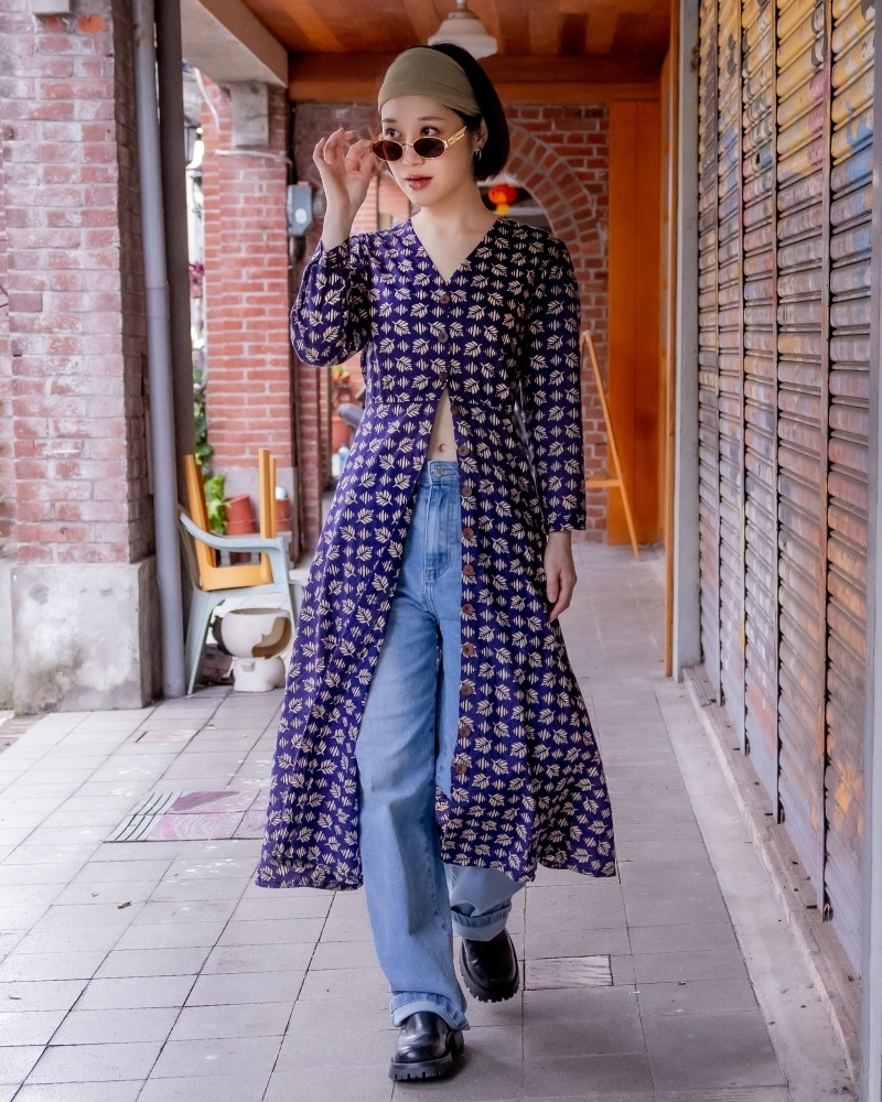 印度蓋染工藝純棉 七分袖洋裝 - 羽毛蕨紫