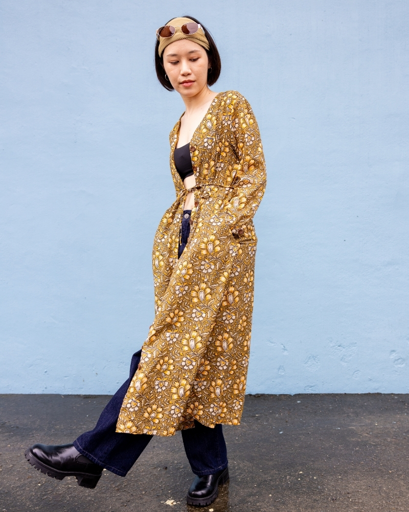 印度蓋染工藝純棉 七分袖洋裝 - 風鈴木黃