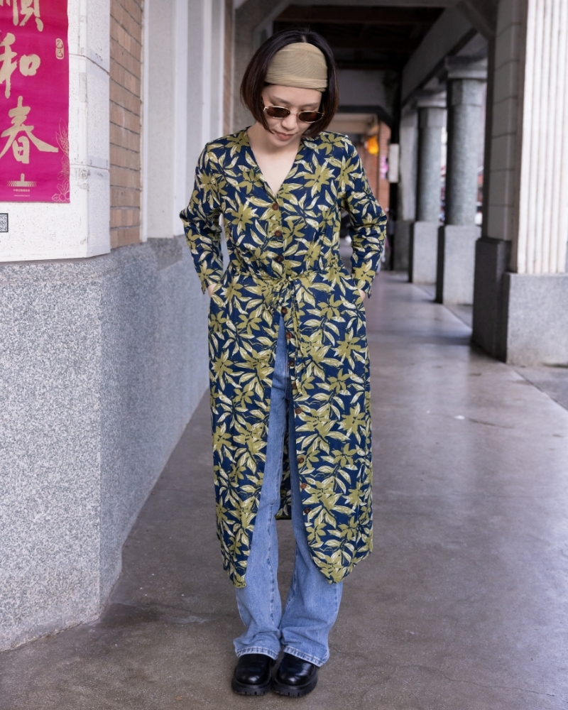 印度蓋染工藝純棉 七分袖洋裝 - 竹葉藍