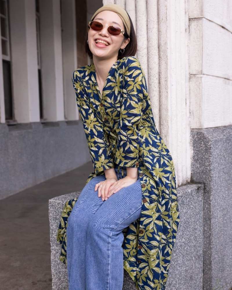 印度蓋染工藝純棉 七分袖洋裝 - 竹葉藍