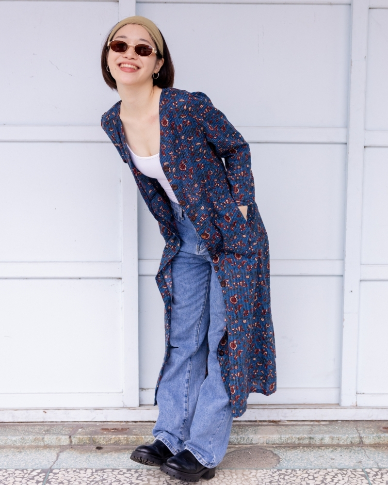 印度蓋染工藝純棉 七分袖洋裝 - 藤蔓海藍