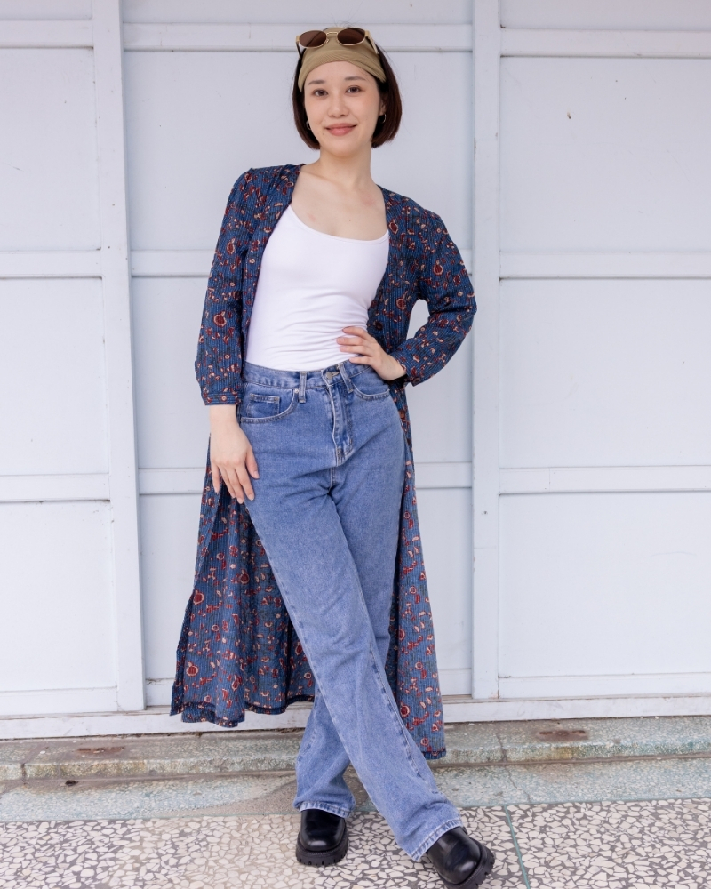 印度蓋染工藝純棉 七分袖洋裝 - 藤蔓海藍