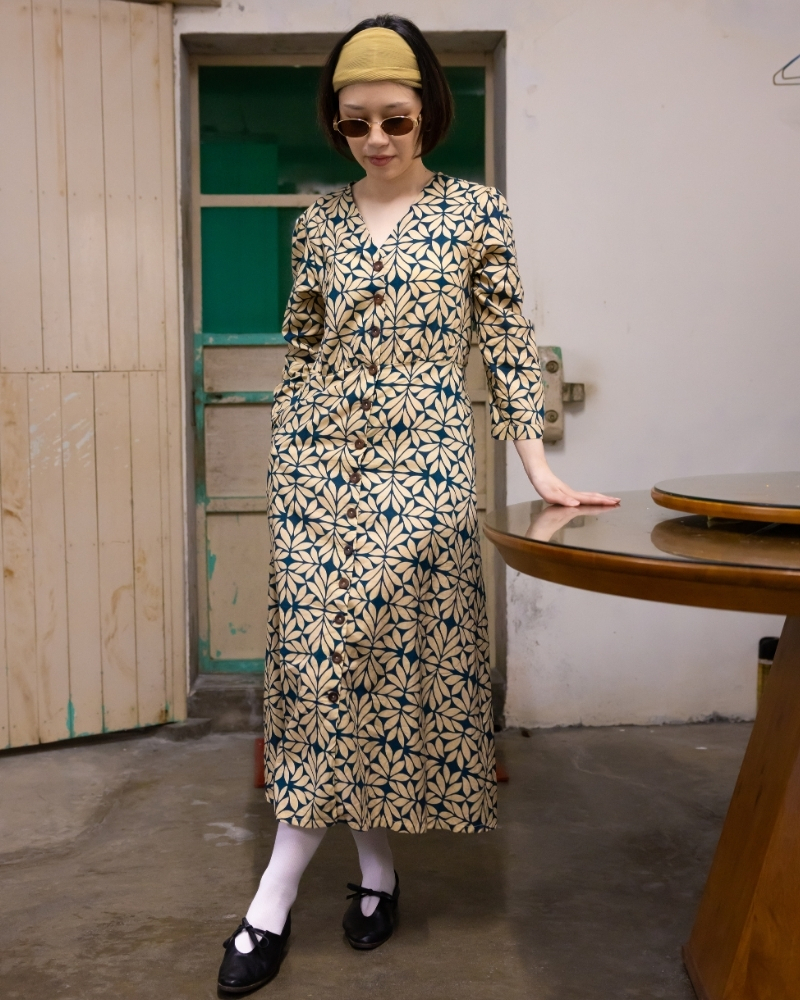 印度蓋染工藝純棉 七分袖洋裝 - 月桂綠