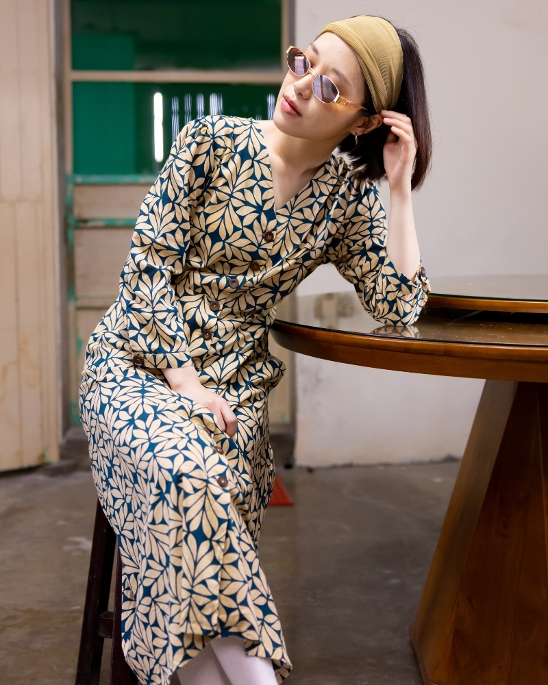 印度蓋染工藝純棉 七分袖洋裝 - 月桂綠