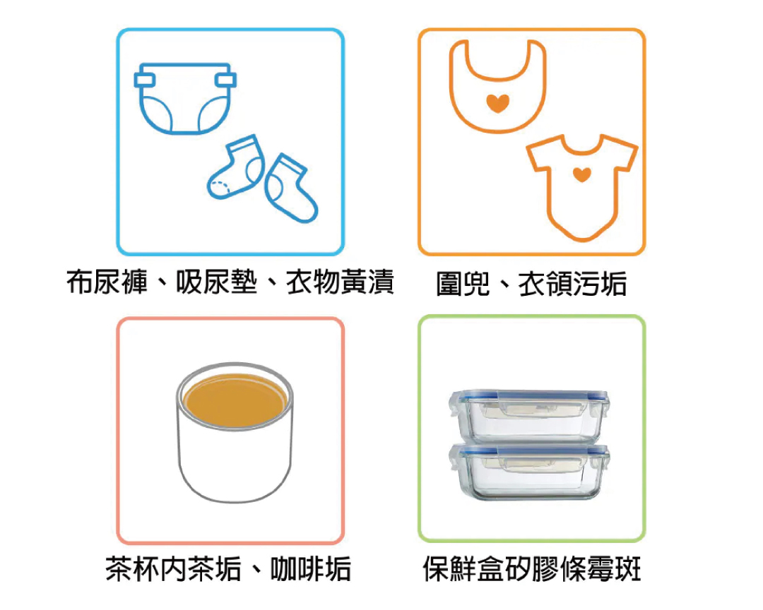 有效去除寶寶衣物、吸尿墊、衣物黃漬、 自黏擦髮巾、食器鍋具、茶垢、咖啡垢 保鮮盒矽膠條霉斑