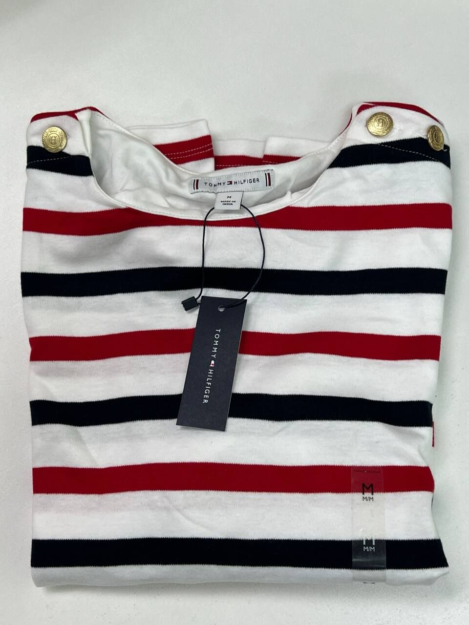 [S] TOMMY HILFIGER WHITE GOLD BUTTON SHOULDER STRIPE T-SHIRT, XW05433-100 (STH1429)