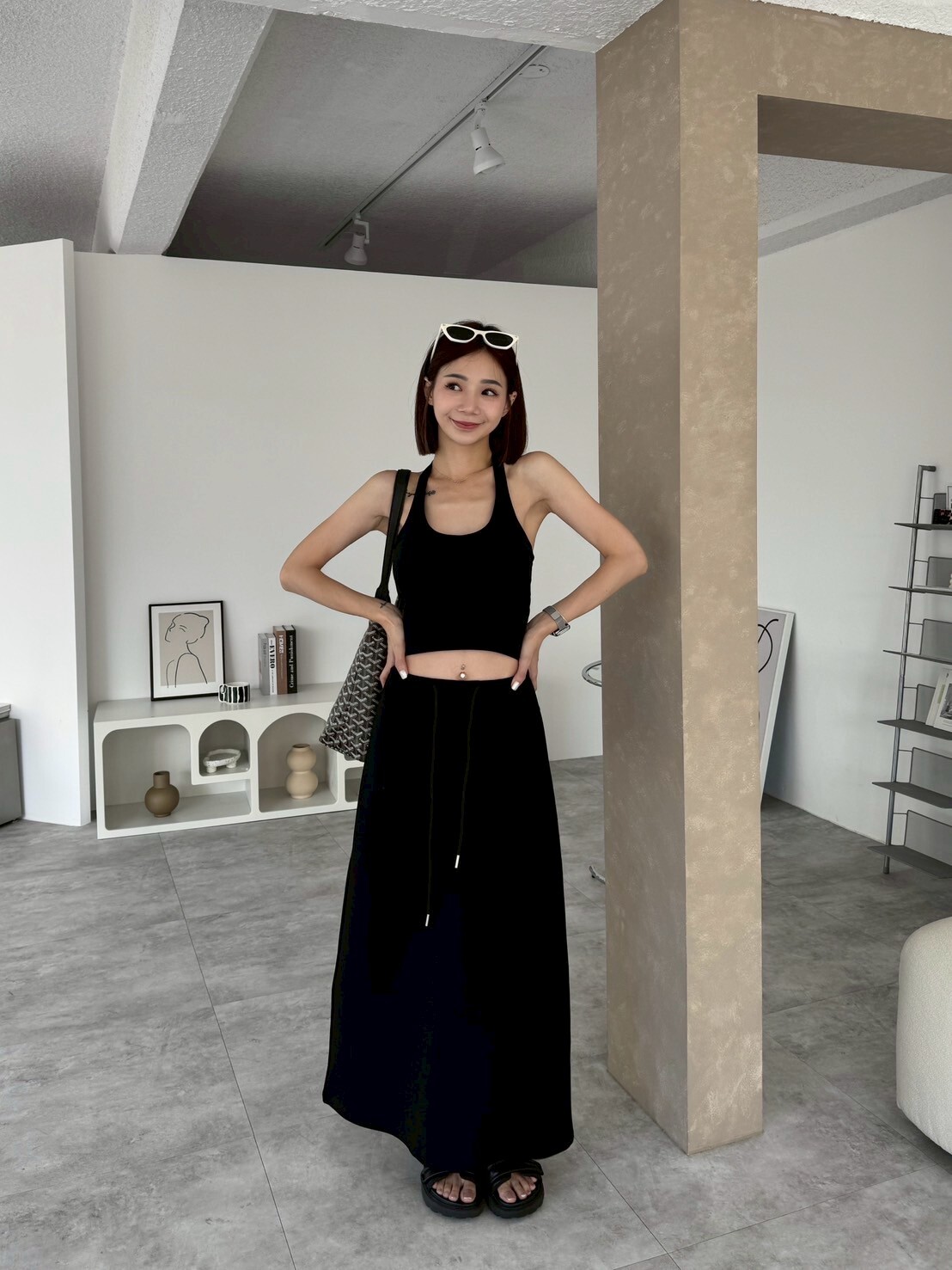 自留款後開衩抽繩棉裙