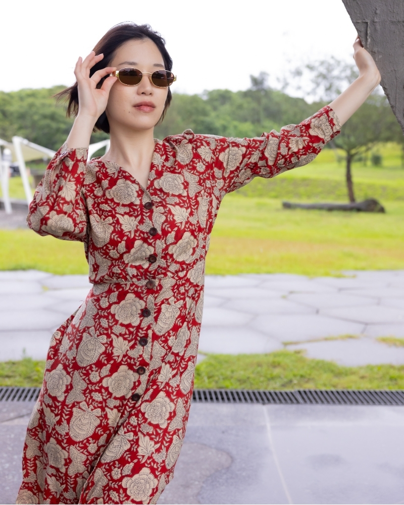 印度蓋染工藝純棉 七分袖洋裝 - 牡丹花紅