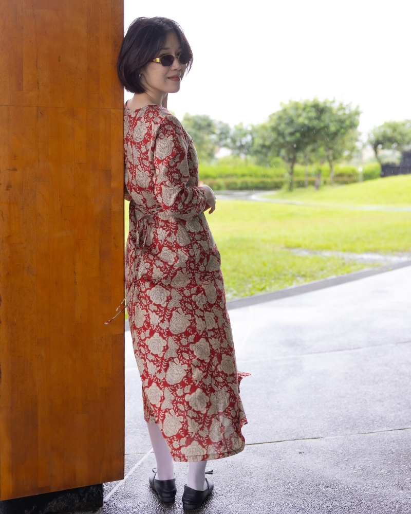 印度蓋染工藝純棉 七分袖洋裝 - 牡丹花紅