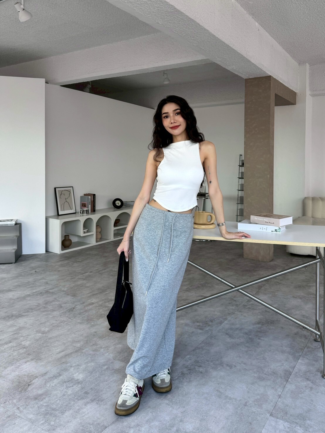 自留款後開衩抽繩棉裙