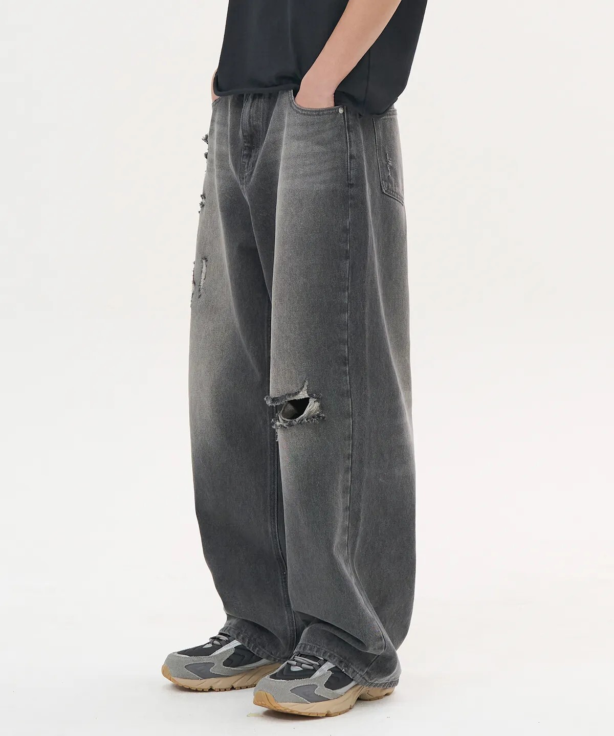 【OWN】TOFFEE 牛仔褲 刷白 寬褲 刷破 新品 韓系 秋冬 不分男女 灰色 復古 藍色