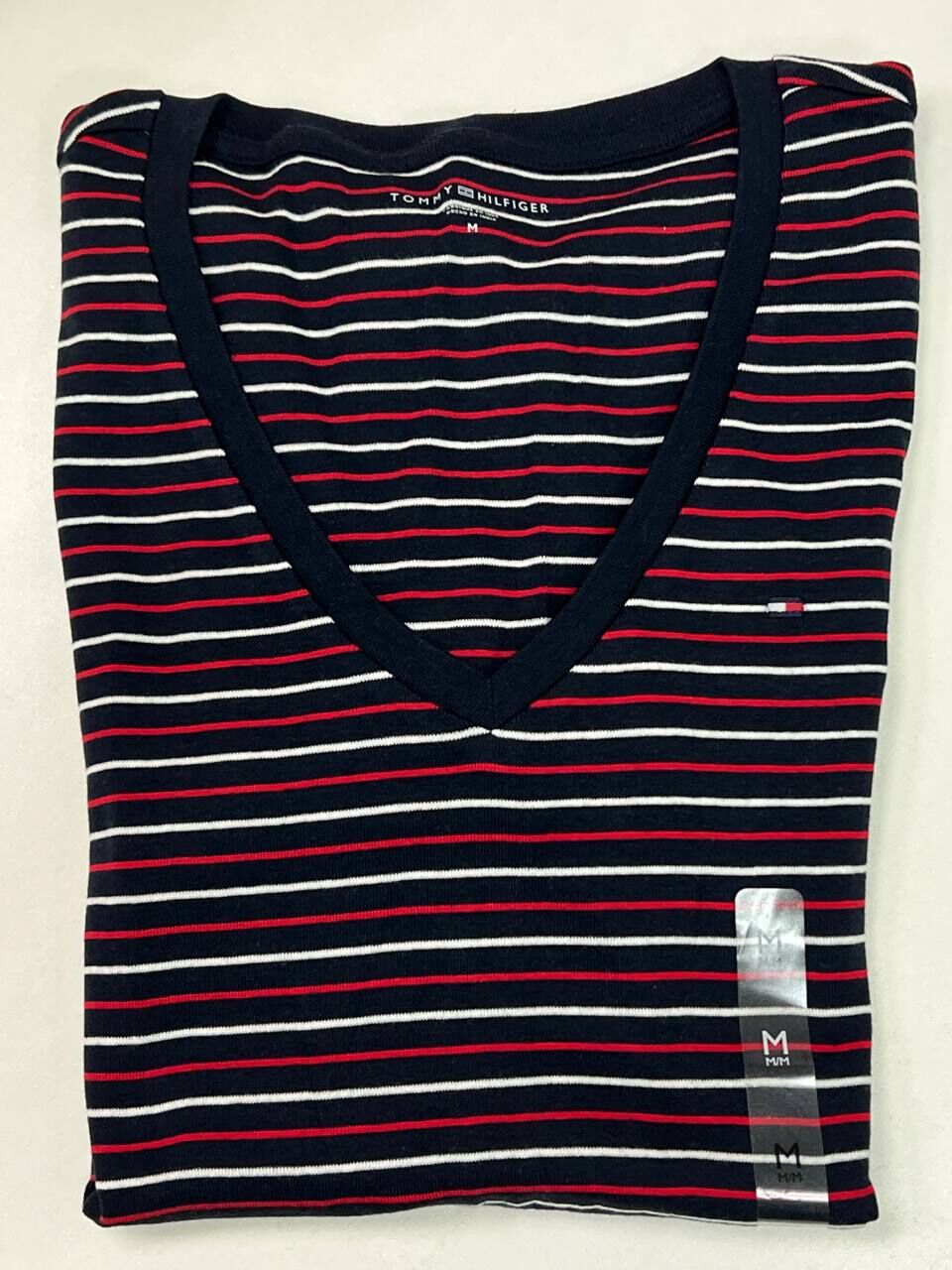 [S] TOMMY HILFIGER NAVY MULTI V-NECK STRIPE T-SHIRT, XW05029-402 (STH1433)