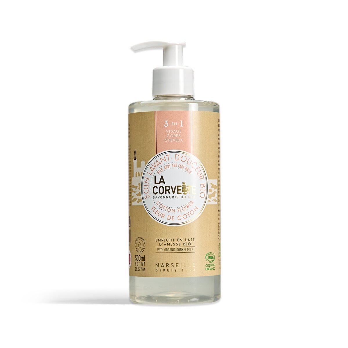 La Corvette l 3合1 [ 沐浴.洗髮.潔顏 ] 有機液體皂500ml - 棉花