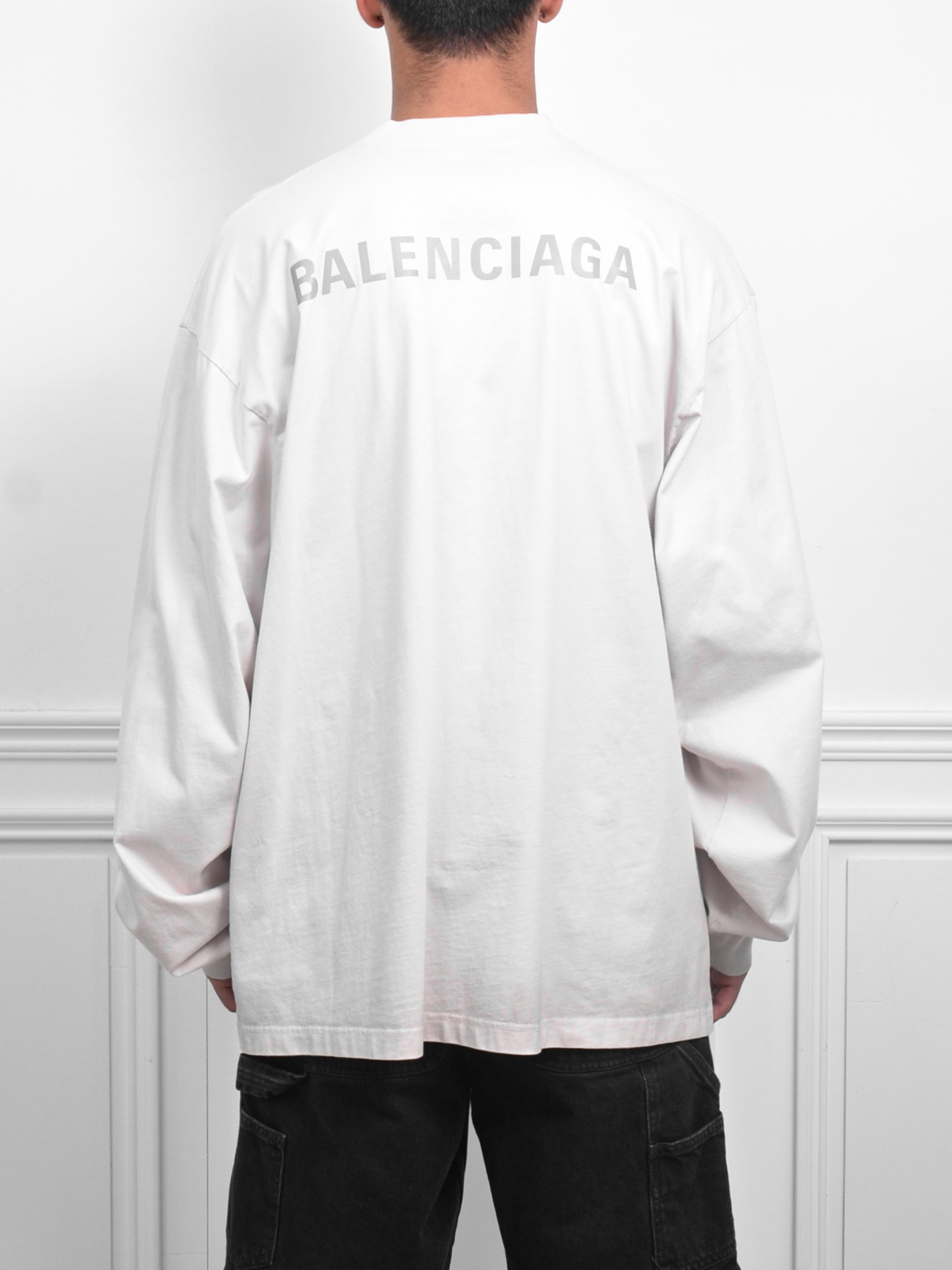 Balenciaga Man Off-White Long Sleeve T-Shirts 反光標薄長袖 (灰白)【744449TQVN1】