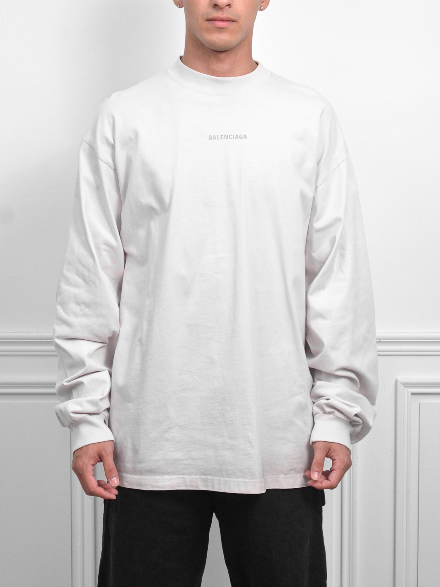 Balenciaga Man Off-White Long Sleeve T-Shirts 反光標薄長袖 (灰白)【744449TQVN1】