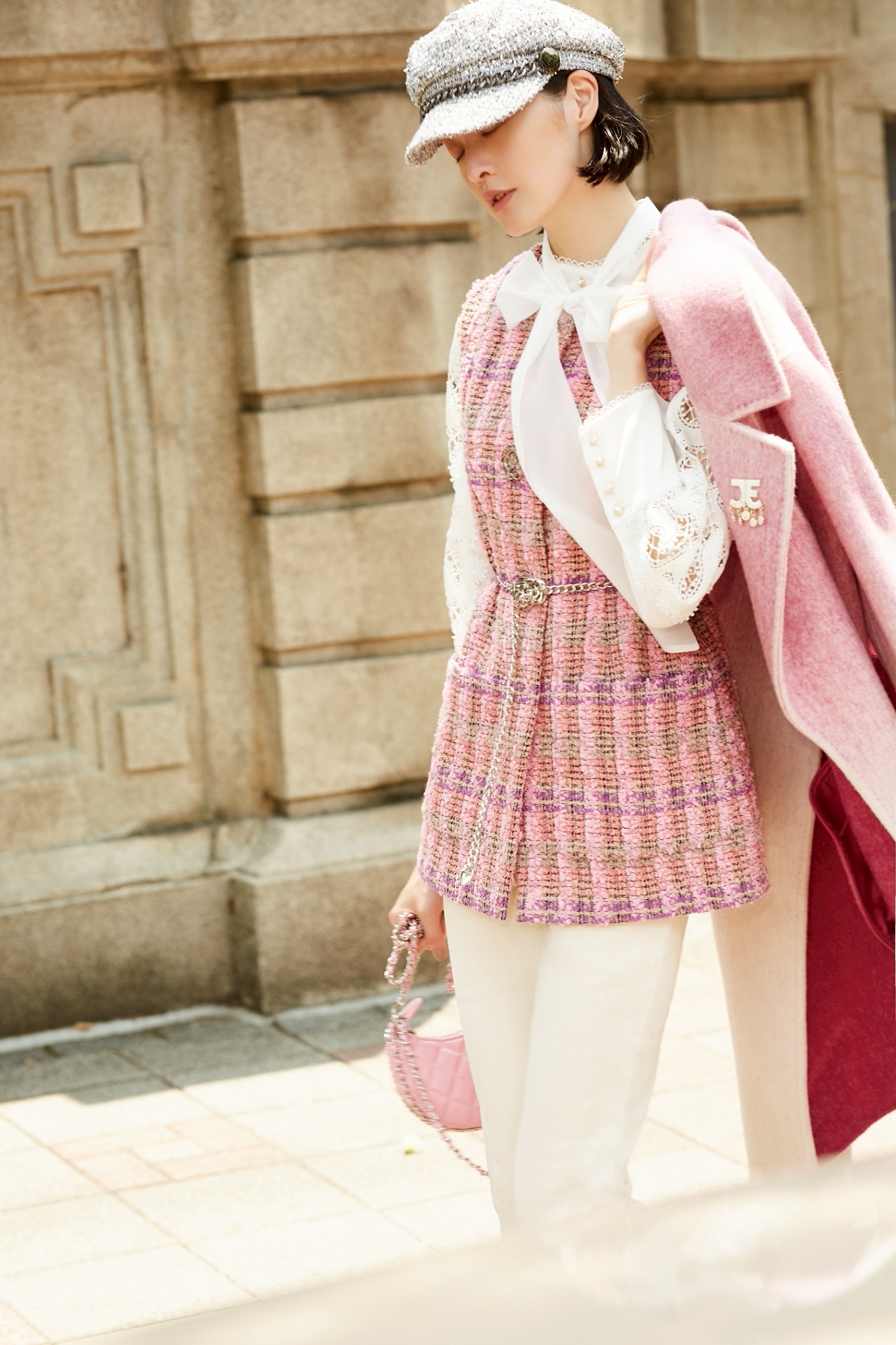 BC15002Y1 晨曦玫瑰粉橘絨毛紗魚骨馬甲 (附腰鍊)