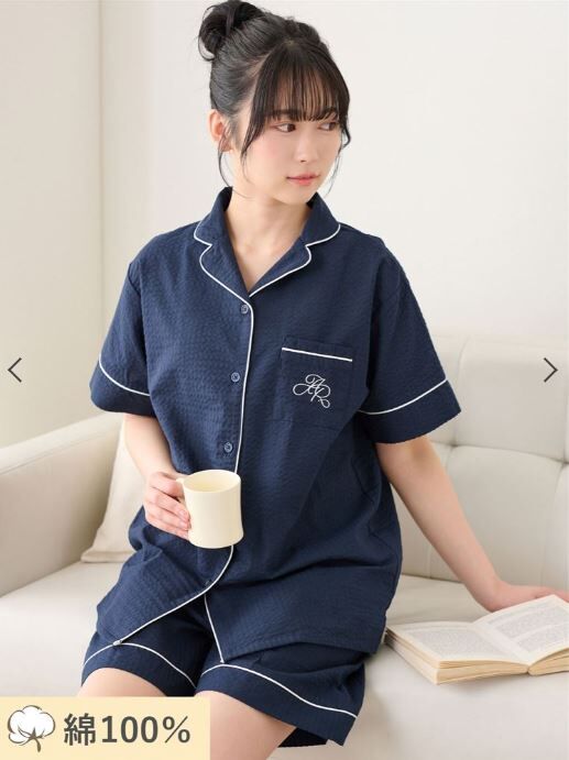 [連線] tutu anna 【超清爽涼感】100% 棉單色點綴前開扣泡泡紋短袖睡衣