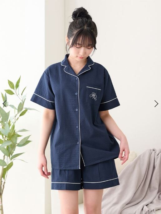 [連線] tutu anna 【超清爽涼感】100% 棉單色點綴前開扣泡泡紋短袖睡衣